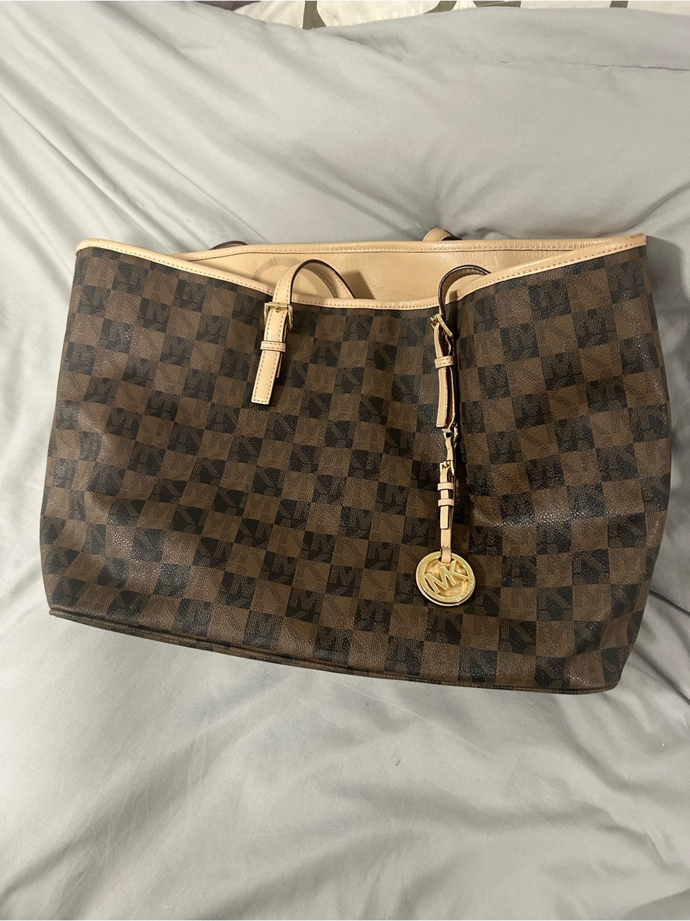 Michael Kors Brown Check Tote with Beige Trim and Gold Charm